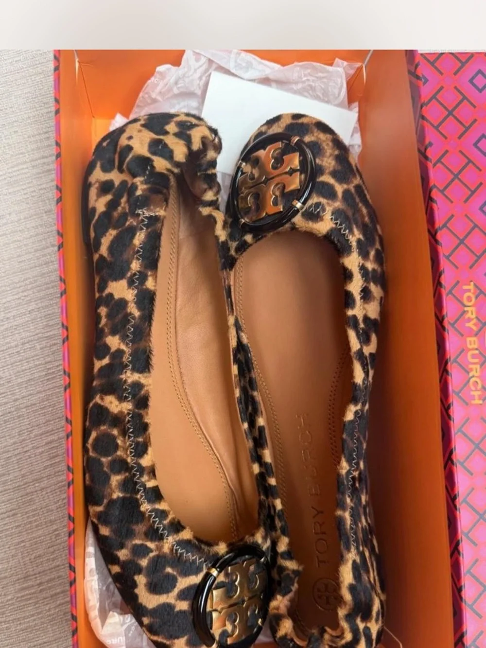 Tory Burch Leopard Ballet Flats with Logo Medallion - Tan/Black Size 8.5